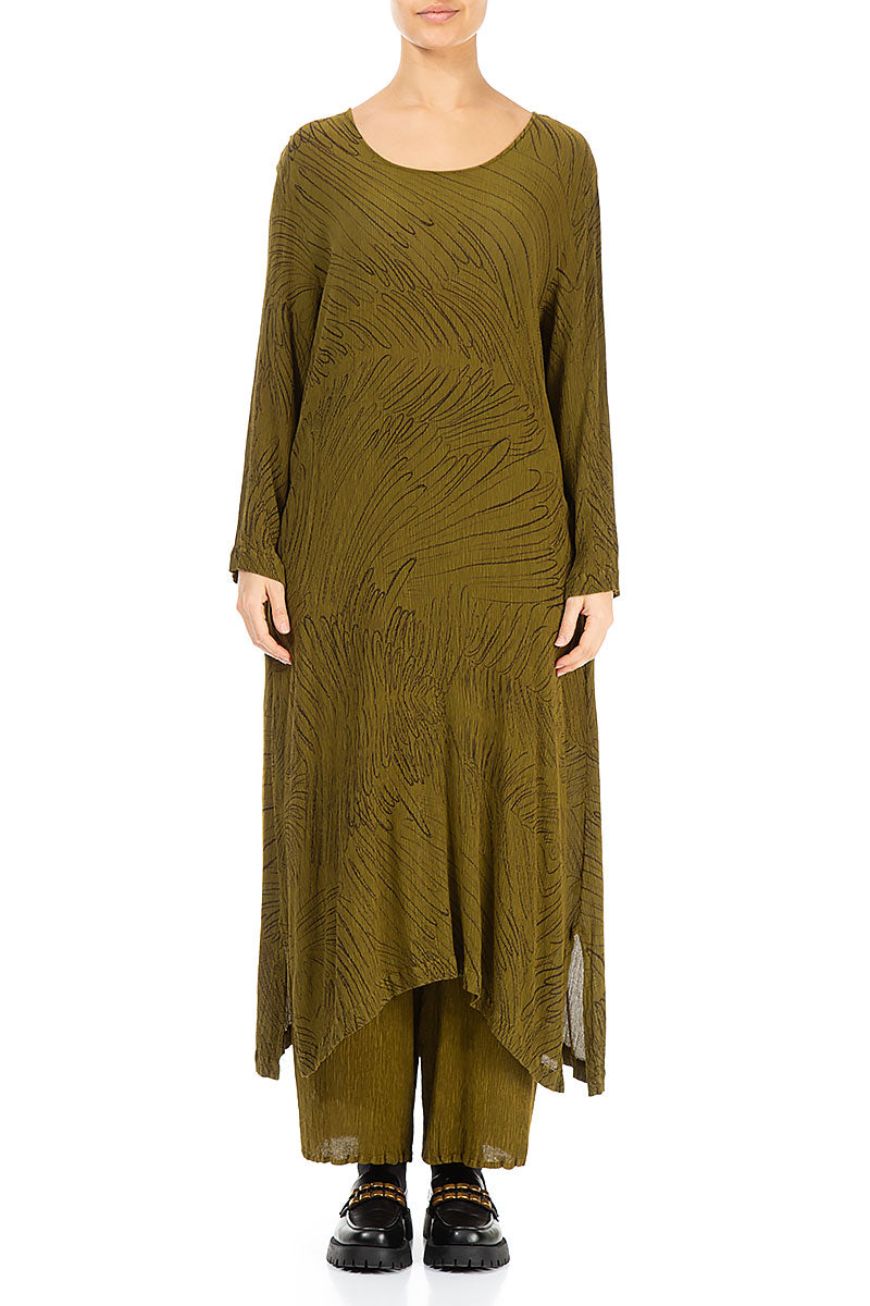 Olive Feathers Silk Viscose Shift Dress 1