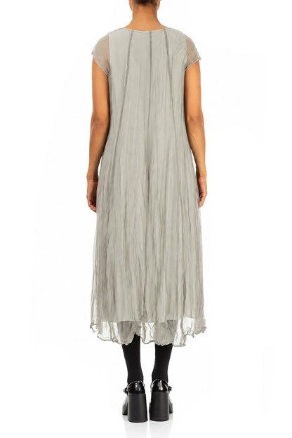 Olive Grey Crumpled Silk Chiffon Dress
