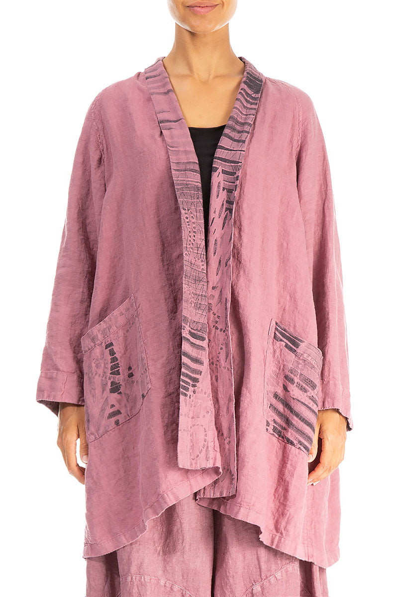 Open Printed Back Mauve Taupe Linen Jacket 1