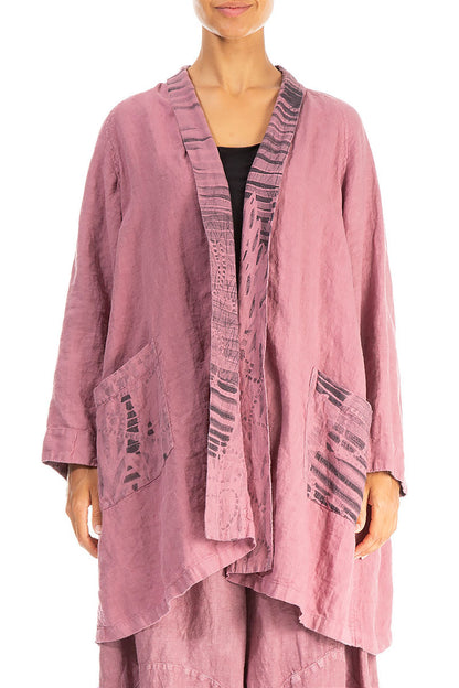Open Printed Back Mauve Taupe Linen Jacket 1
