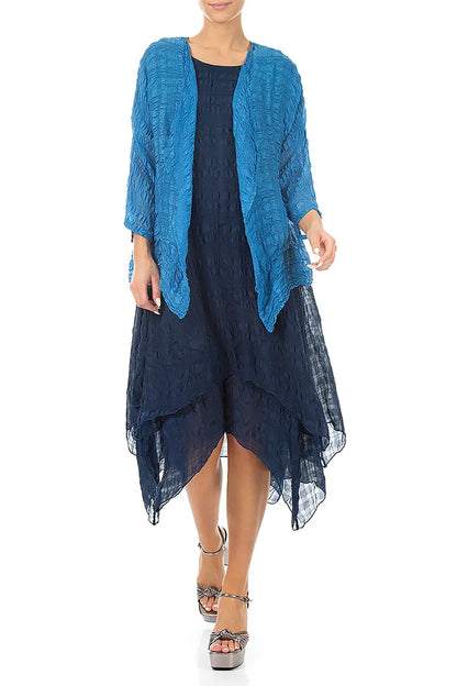 Offene kobaltblaue Seidenjacke mit Struktur