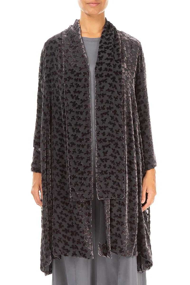 Offene Devoré-Blütenblätter Schwarze Silber Seidensamtjacke