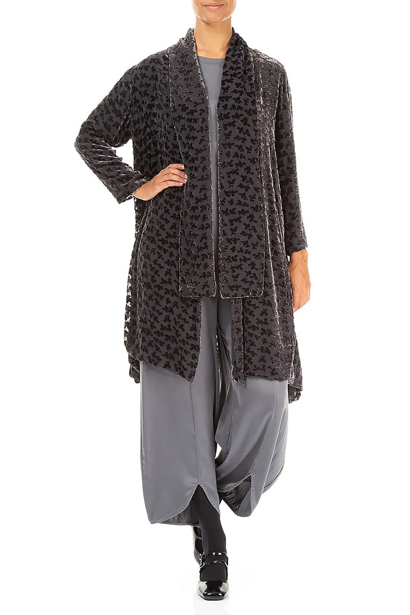 Veste en velours de soie noir et argent Open Devoré Petals