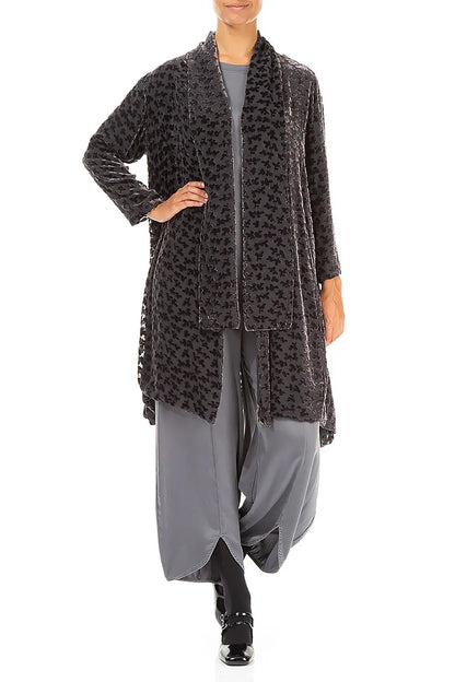 Veste en velours de soie noir et argent Open Devoré Petals