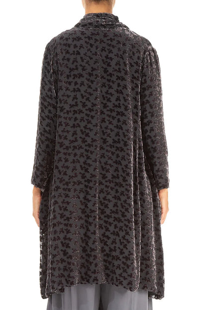 Veste en velours de soie noir et argent Open Devoré Petals