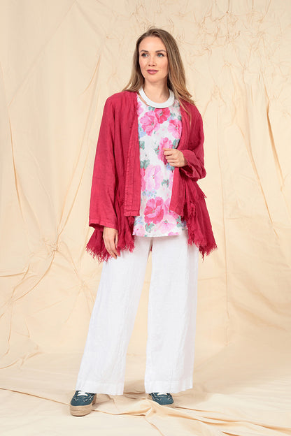 Open Fringed Raspberry Linen Jacket 6