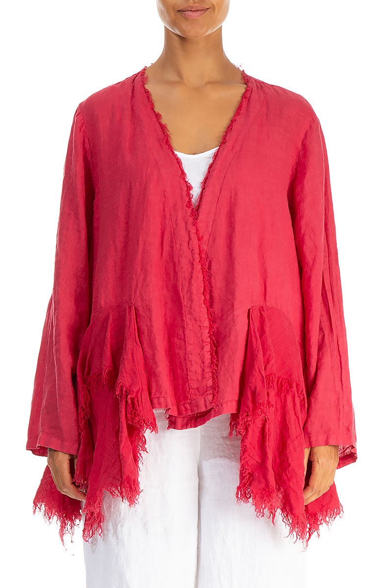Open Fringed Raspberry Linen Jacket 1
