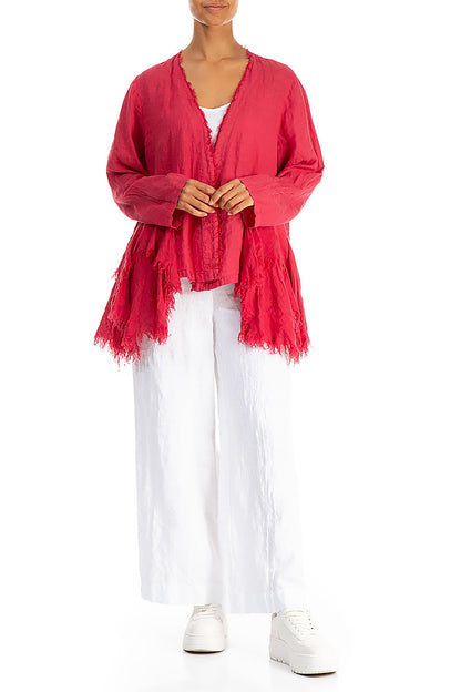Open Fringed Raspberry Linen Jacket 4