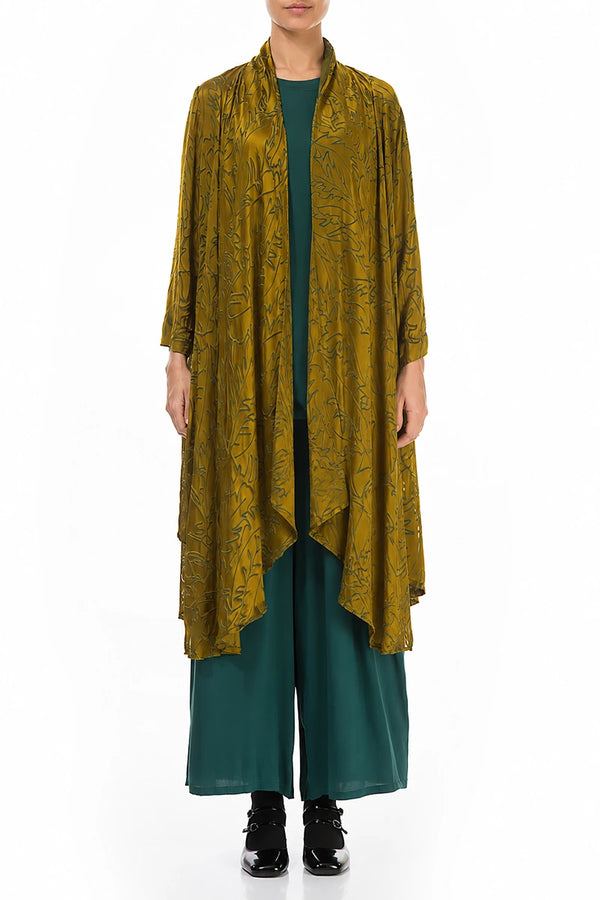 Open Golden Olive Devoré Feather Silk Jacket 1