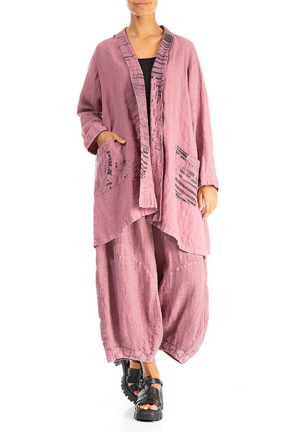 Open Printed Back Mauve Taupe Linen Jacket 4