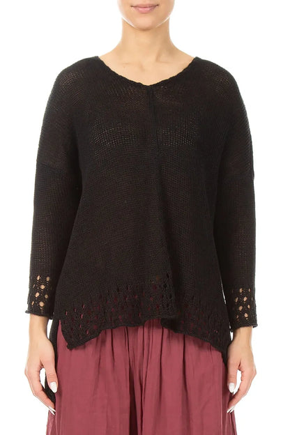 Openwork Hem Black Linen Jumper 1