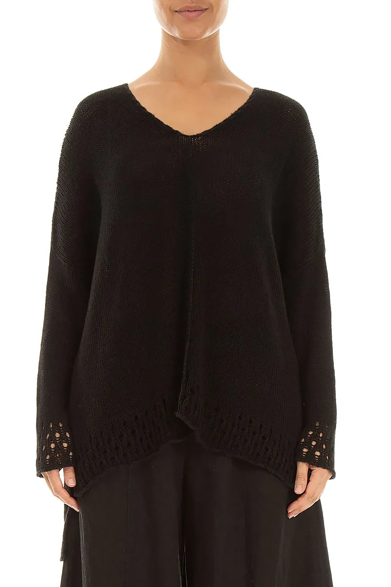 Opengewerkt zoom zwarte linnen jumpsuit