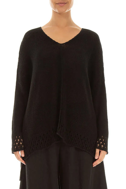 Opengewerkt zoom zwarte linnen jumpsuit