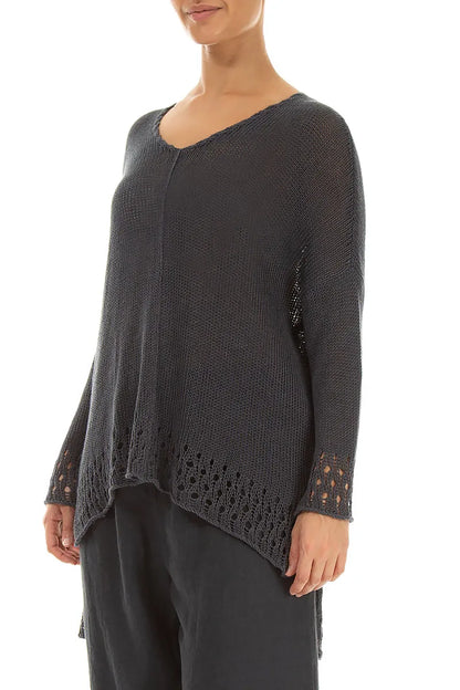 Pull en lin graphite à ourlet ajouré