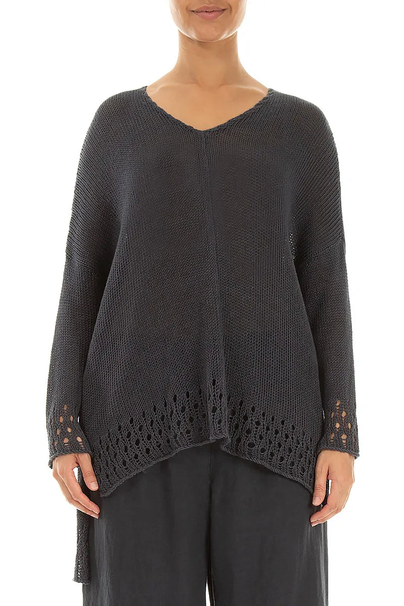 Pull en lin graphite à ourlet ajouré