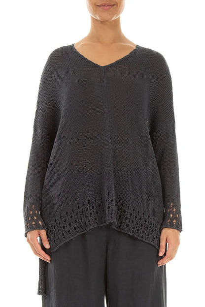 Pull en lin graphite à ourlet ajouré
