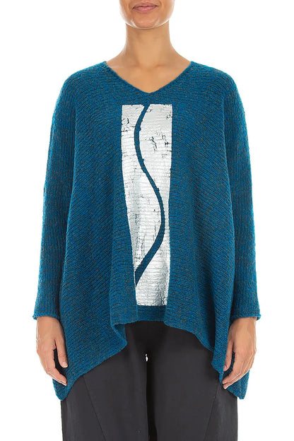 Oversized Deep Azure Silver Metallic Mélange Wool Sweater 1