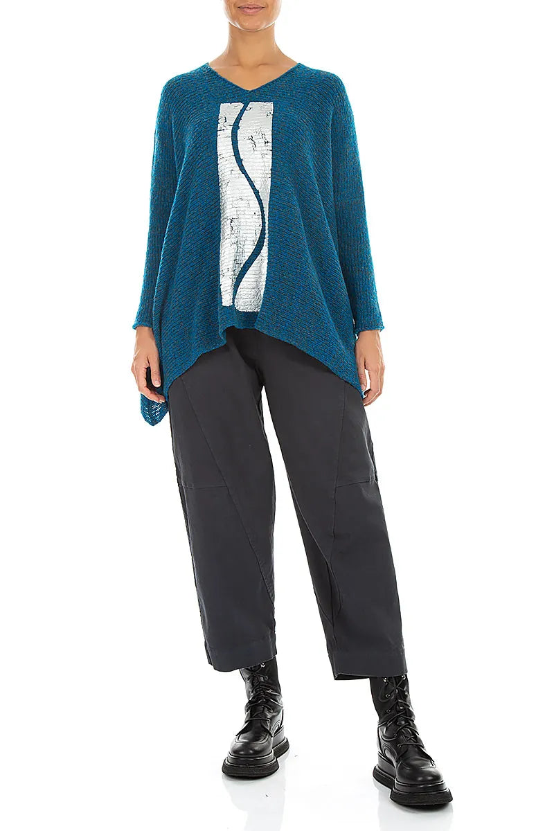 Oversized Deep Azure Silver Metallic Mélange Wool Sweater 4