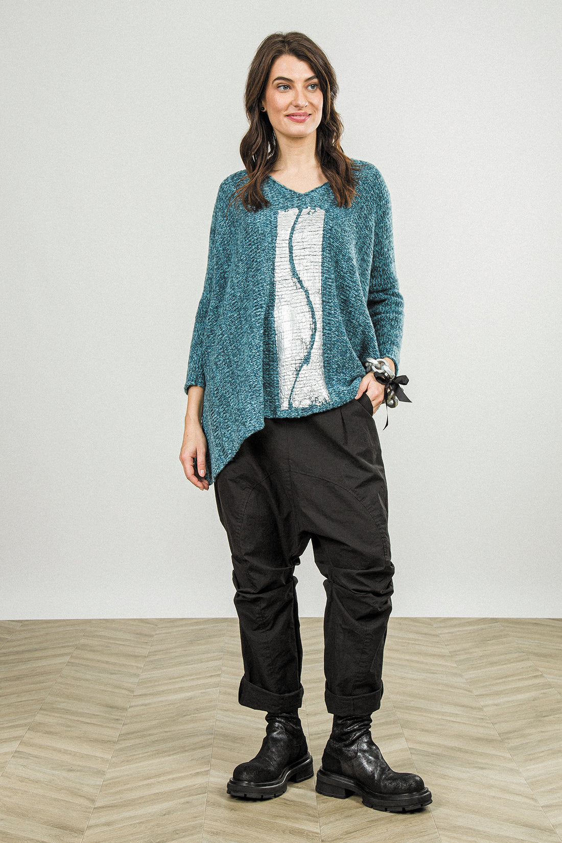 Oversized Deep Teal Silver Metallic Mélange Wool Sweater 1