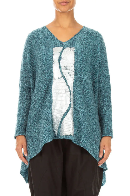 Oversized Deep Teal Silver Metallic Mélange Wool Sweater 2
