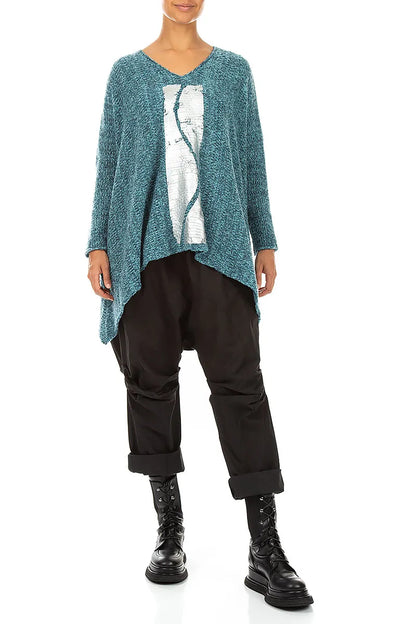 Oversized Deep Teal Silver Metallic Mélange Wool Sweater 5