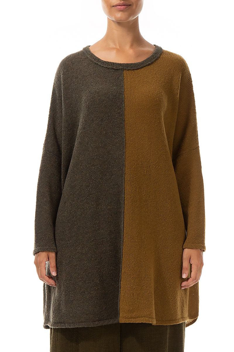 Pull oversize bicolore kaki miel en Laine