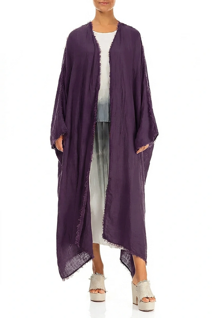 Oversized Leinenjacke aus Gaze mit offenen Kanten und Amethysttönen