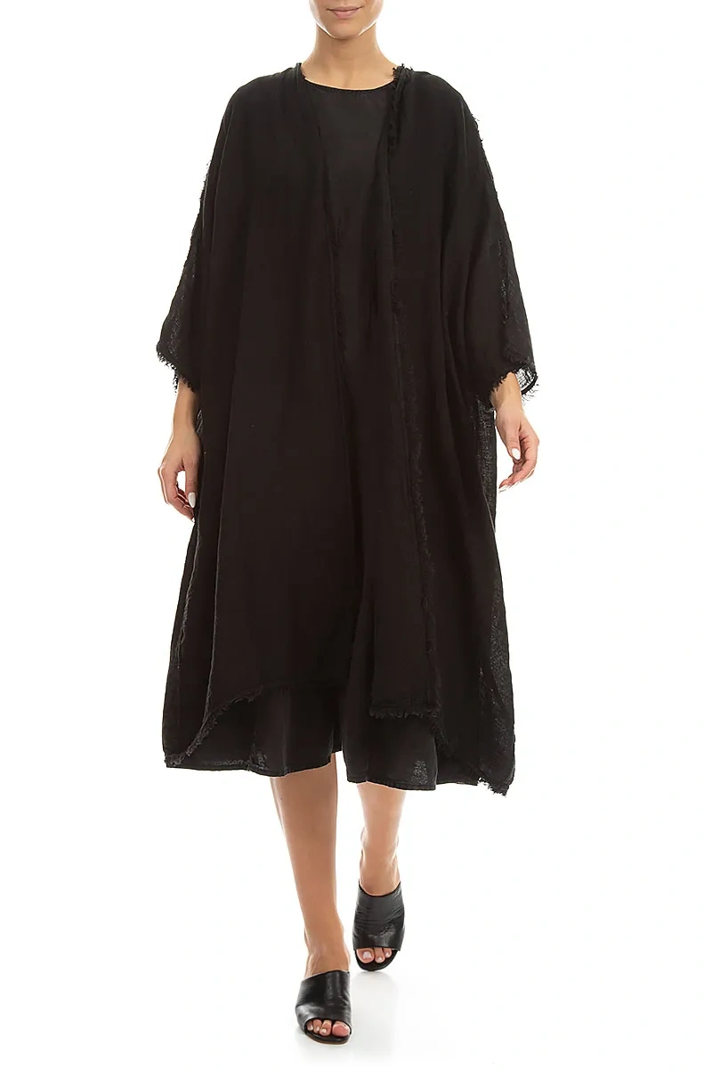 Oversized Raw Edge Black Gauze Linen Jacket 4