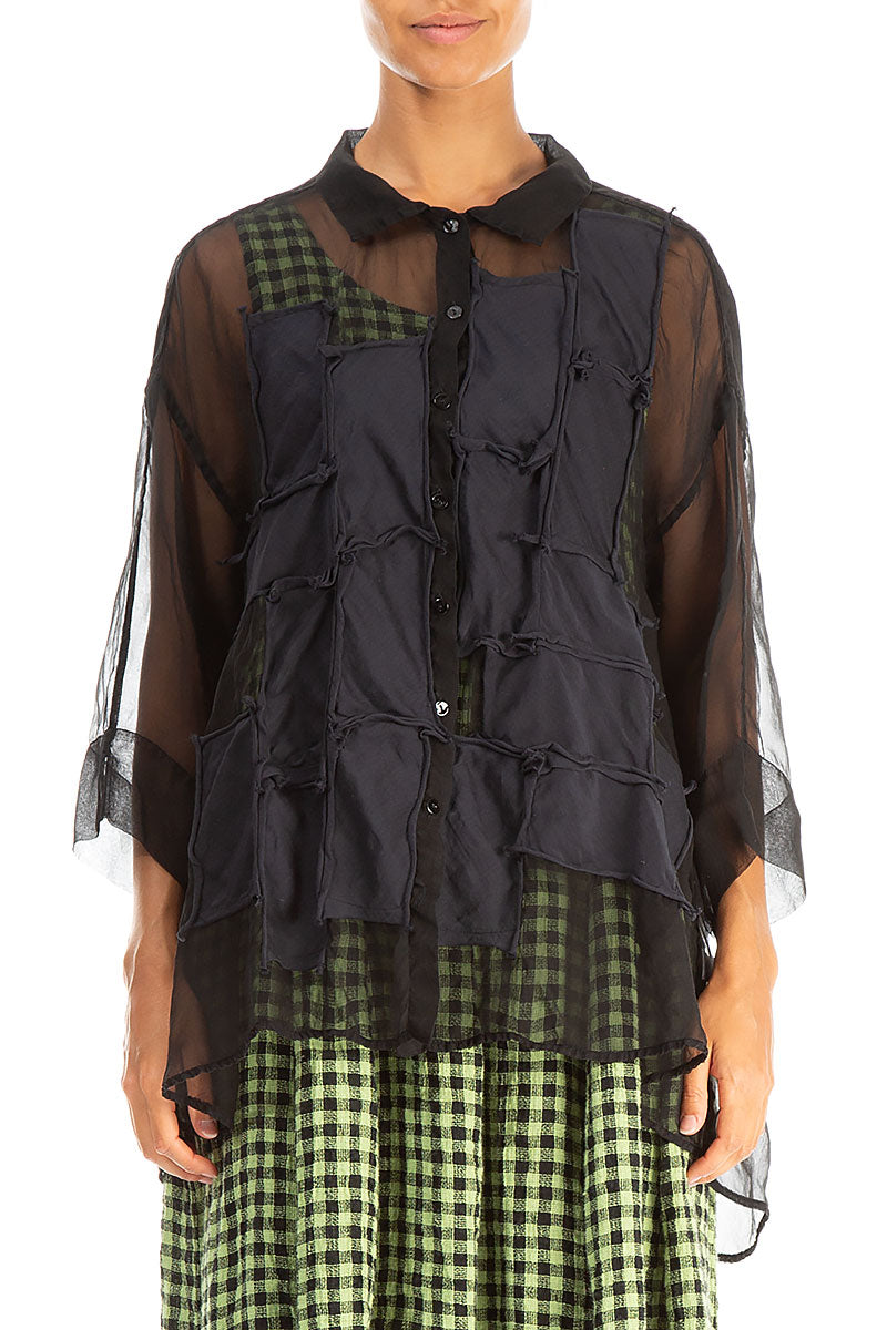 Patch Décor Black Silk Chiffon Shirt 1
