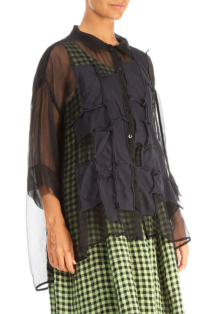 Patch Décor Black Silk Chiffon Shirt 3