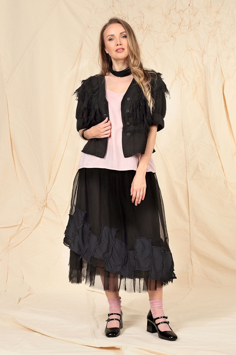 Patch Décor Black Silk Chiffon Skirt 7