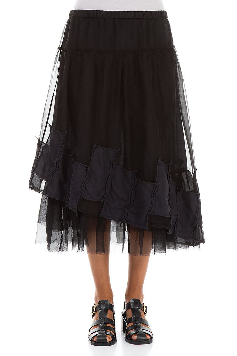 Patch Décor Black Silk Chiffon Skirt 1