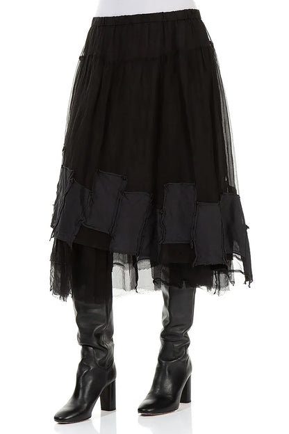 Patch Décor Black Silk Chiffon Skirt 3