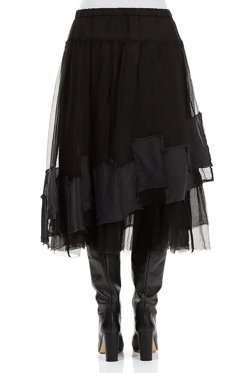 Patch Décor Black Silk Chiffon Skirt 2