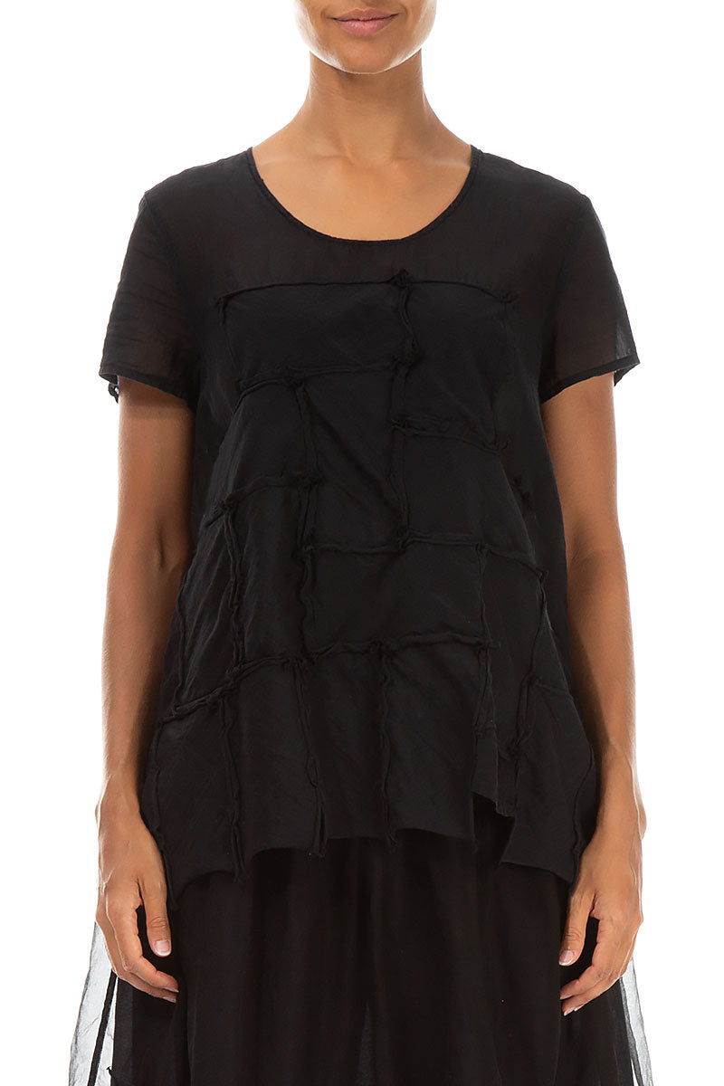 Patch Décor Black Silk Cotton Blouse 1