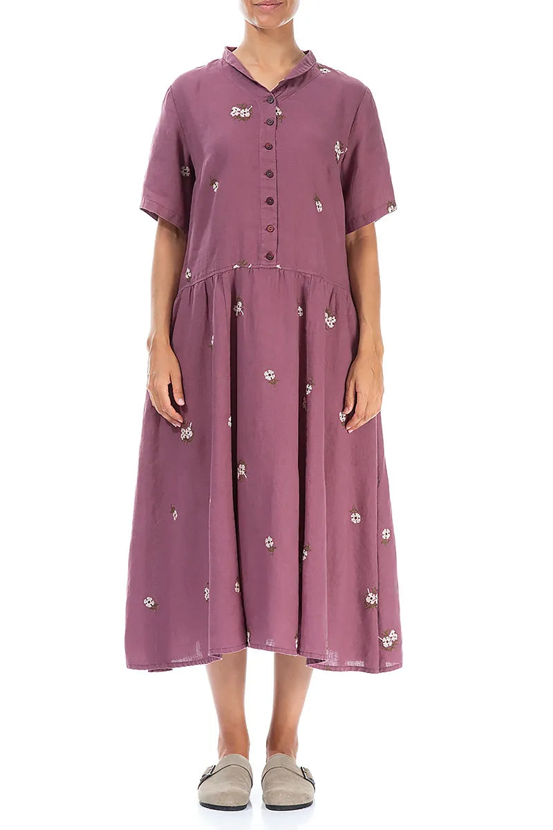 Petal Embroidered Plum Light Linen Dress 1
