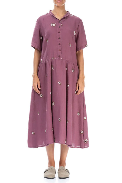 Petal Embroidered Plum Light Linen Dress 1