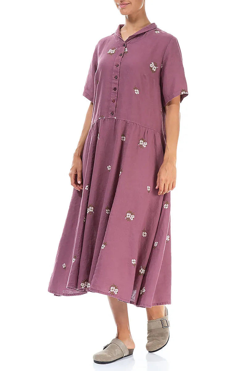 Petal Embroidered Plum Light Linen Dress 3