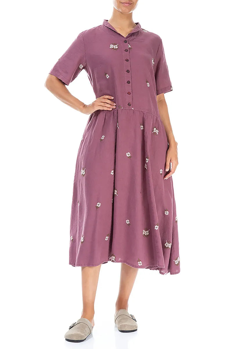 Petal Embroidered Plum Light Linen Dress 4