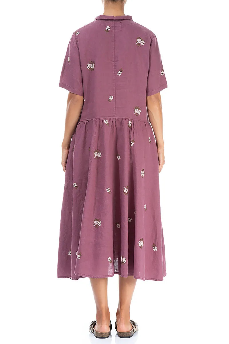 Petal Embroidered Plum Light Linen Dress 2