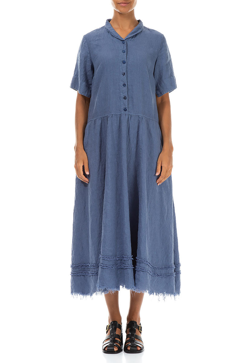 Peter Pan Collar Raw Hem Blue Nova Linen Dress 1