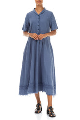 Peter Pan Collar Raw Hem Blue Nova Linen Dress 3