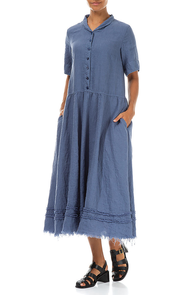 Peter Pan Collar Raw Hem Blue Nova Linen Dress 4