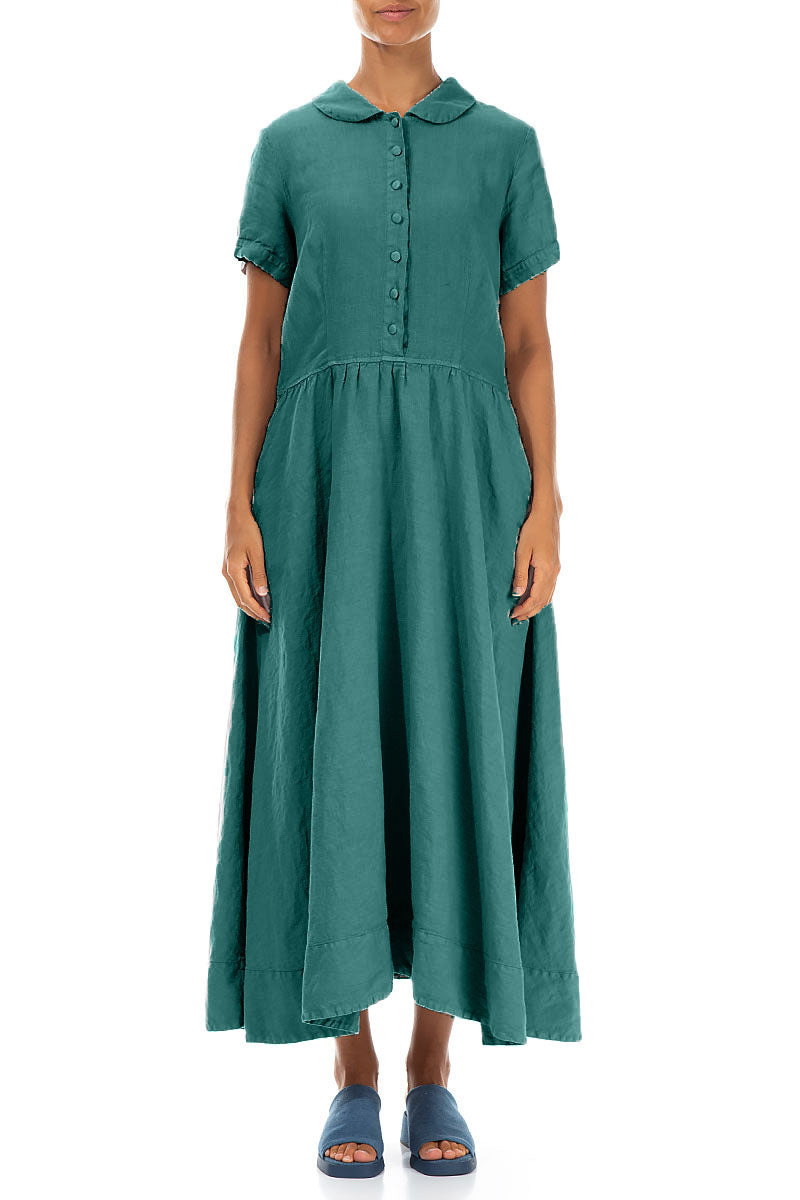 Peter Pan Collar Turquoise Linen Dress 1