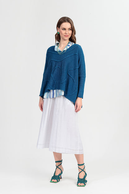 Pin-Tucked-Hemdbluse aus blauem Seiden-Bambus-Stoff mit Streifenmuster