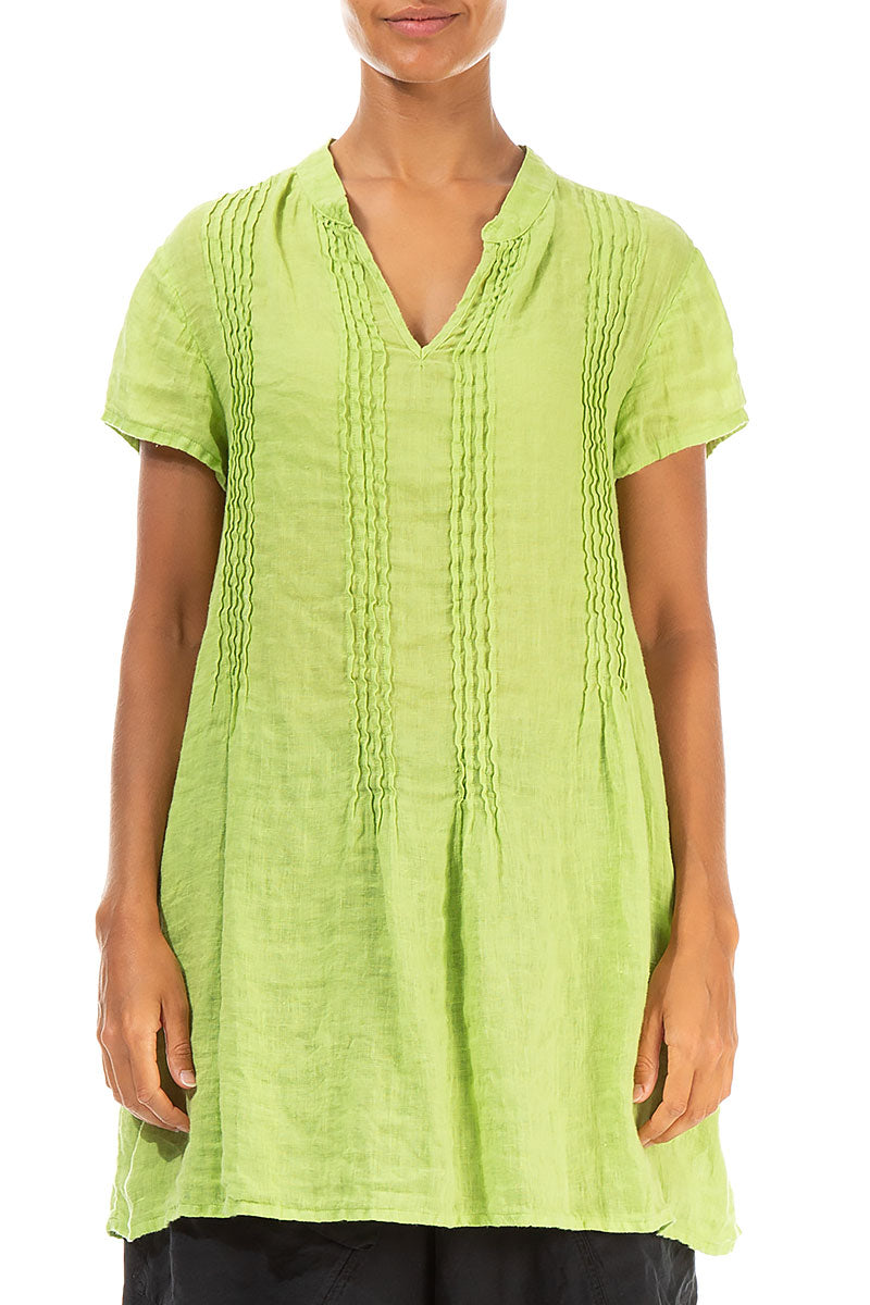 Pin-Tucked Lime Gauze Linen Tunic 1
