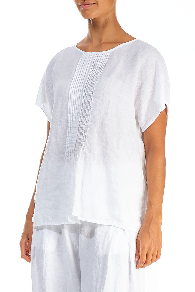 Pin-Tucked Pure White Linen Blouse 3