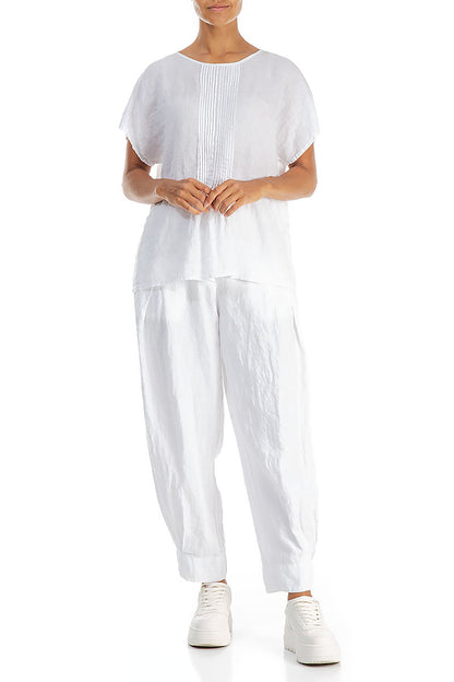 Pin-Tucked Pure White Linen Blouse 4