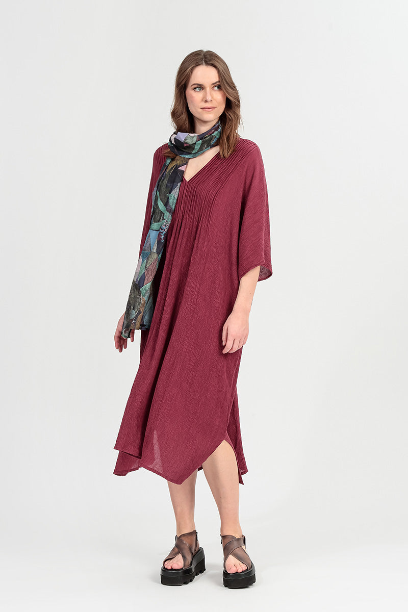 Pin Tucks Antique Ruby Silk Viscose Dress