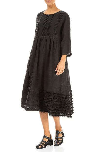 Pin Tucks Frayed Hem Black Linen Dress 4